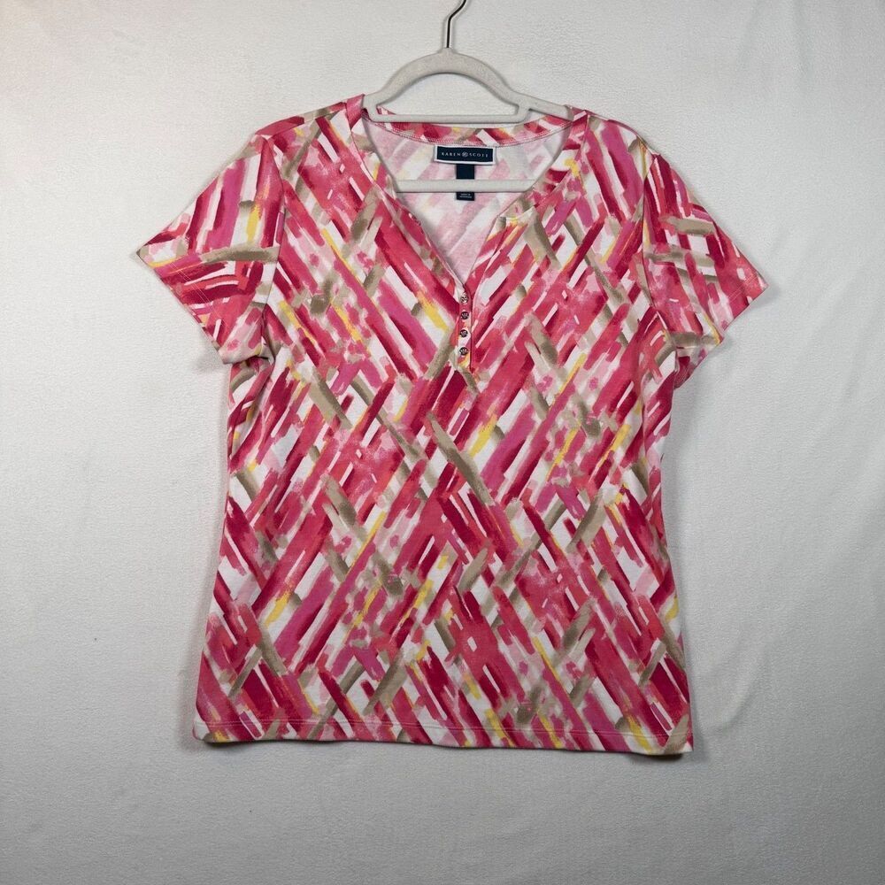 Karen Scott Abstract Print Henley Top L Pink Cotton Blend Short Sleeve Casual